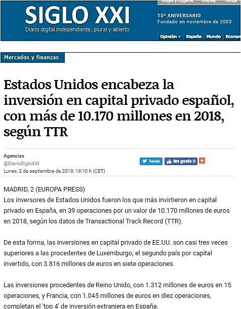 Estados Unidos encabeza la inversin en capital privado espaol, con ms de 10.170 millones en 2018, segn TTR